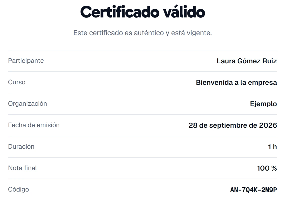 Un certificado comprobado en la app: «Certificado válido», con la persona, el curso, la organización, la fecha, la nota final (100 %) y su código.